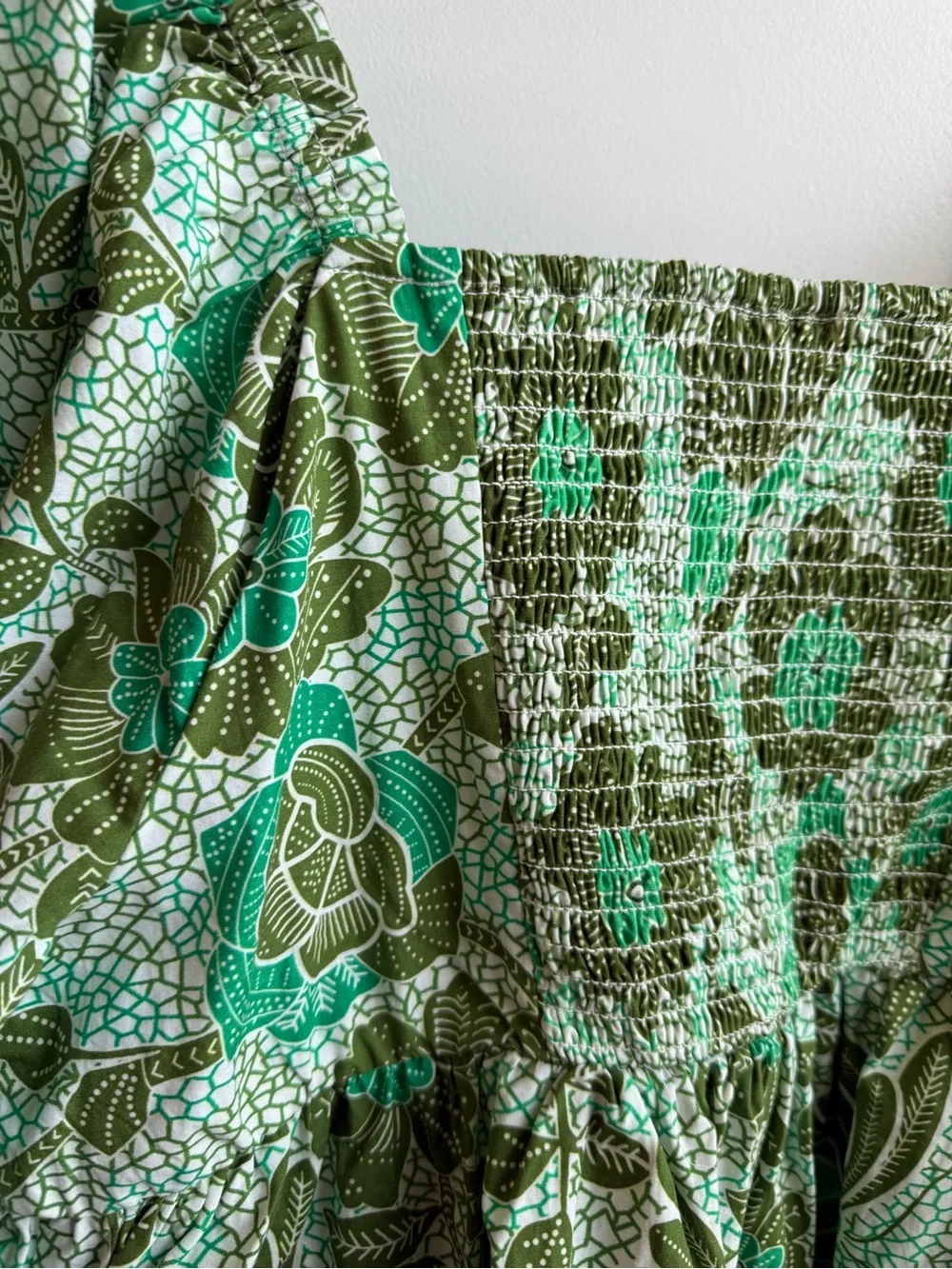 Anthropologie Green Floral Smocked Peplum Blouse